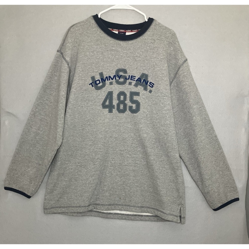 VTG Tommy Jeans Gray Logo Crewneck Pullover Sweatshirt Men's Medium Oversized